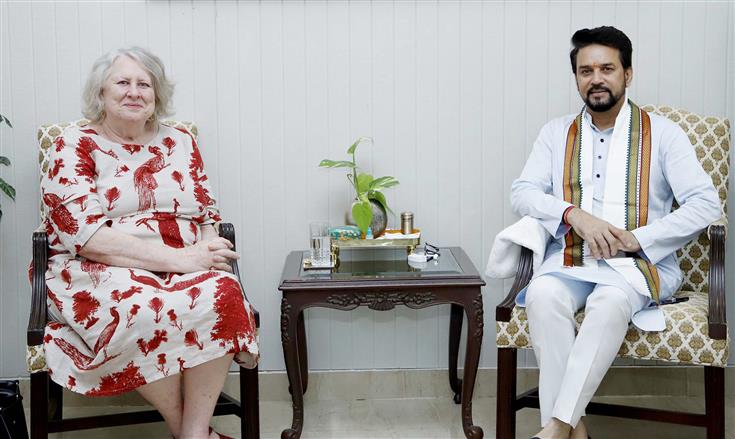 The Union Minister for Information & Broadcasting, Youth Affairs and Sports, Shri Anurag Singh Thakur meets the Chair of the Board of the Global Fund, Lady Roslyn Morauta, in New Delhi on August 30, 2023.