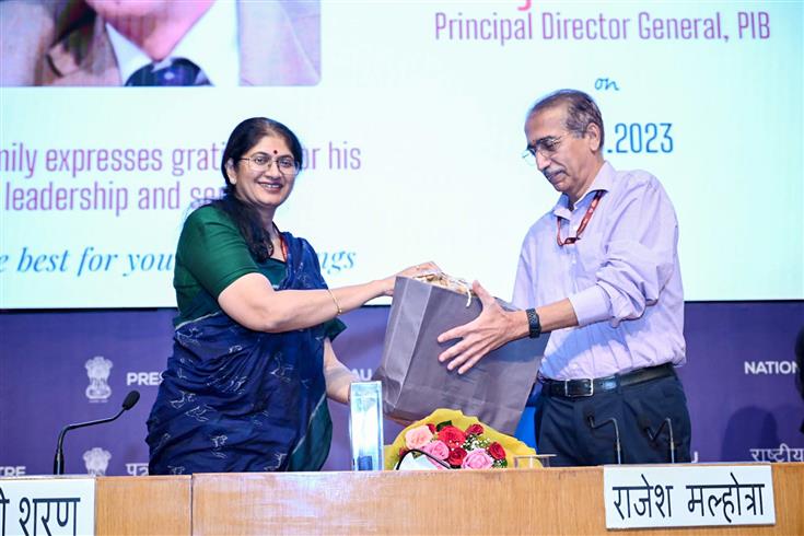 The Principal Director General, Sh. Rajesh Malhotra at the Celebration of his Remarkable Journey Superannuation in PIB at National Media Centre, in New Delhi on August 31, 2023.
