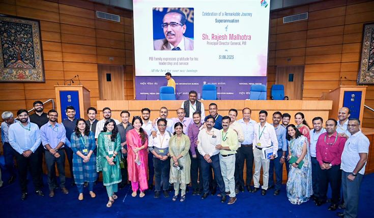 The Principal Director General, Sh. Rajesh Malhotra in a group photographs with the Senior officers and Staff of Press Information Bureau on the Celebration of his Remarkable Journey Superannuation in PIB at National Media Centre, in New Delhi on August 31, 2023.