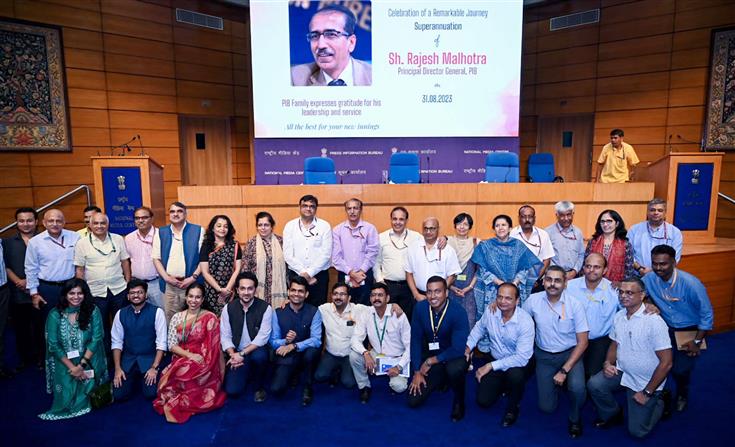 The Principal Director General, Sh. Rajesh Malhotra in a group photographs with the Senior officers and Staff of Press Information Bureau on the Celebration of his Remarkable Journey Superannuation in PIB at National Media Centre, in New Delhi on August 31, 2023.