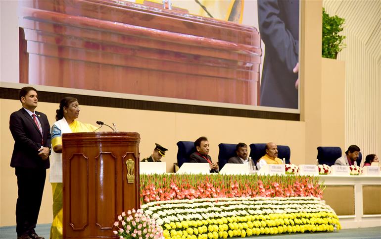 The President of India, Smt. Droupadi Murmu addressing the National Awards for the Empowerment of Persons with Disabilities for the year 2023 on the occasion of the International Day of Persons with Disabilities at Vigyan Bhawan, in New Delhi on December 03, 2023.