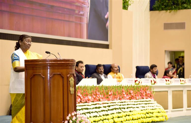 The President of India, Smt. Droupadi Murmu addressing the National Awards for the Empowerment of Persons with Disabilities for the year 2023 on the occasion of the International Day of Persons with Disabilities at Vigyan Bhawan, in New Delhi on December 03, 2023.