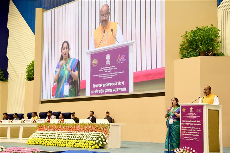 The Union Minister for Social Justice and Empowerment, Dr. Virendra Kumar addressing the National Awards for the Empowerment of Persons with Disabilities for the year 2023 on the occasion of the International Day of Persons with Disabilities in presence of the President of India, Smt. Droupadi Murmu and other dignitaries at Vigyan Bhawan, in New Delhi on December 03, 2023.