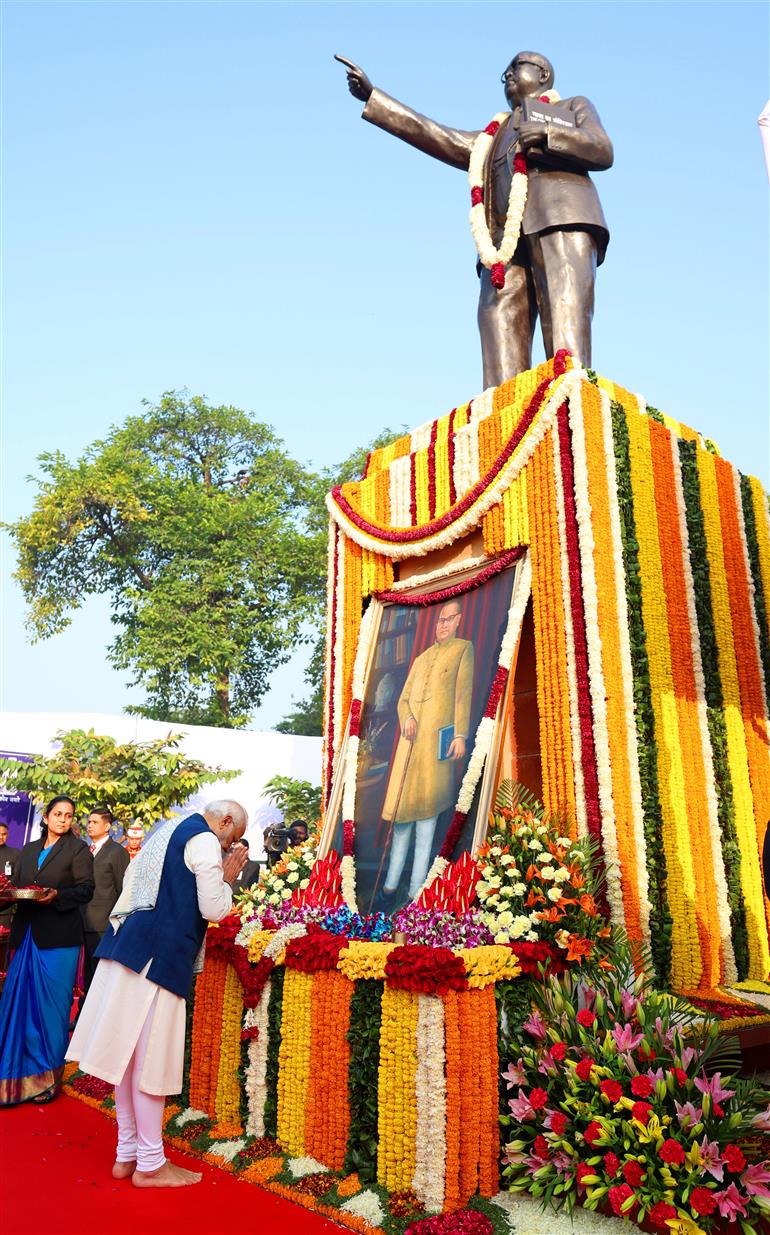 PM pays tribute to Babasaheb Dr. Bhimrao Ramji Ambedkar on his Mahaparinirvan Diwas at Parliament House premises, in New Delhi on December 06, 2023.