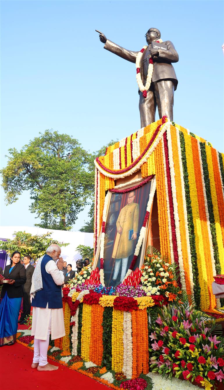 PM pays tribute to Babasaheb Dr. Bhimrao Ramji Ambedkar on his Mahaparinirvan Diwas at Parliament House premises, in New Delhi on December 06, 2023.