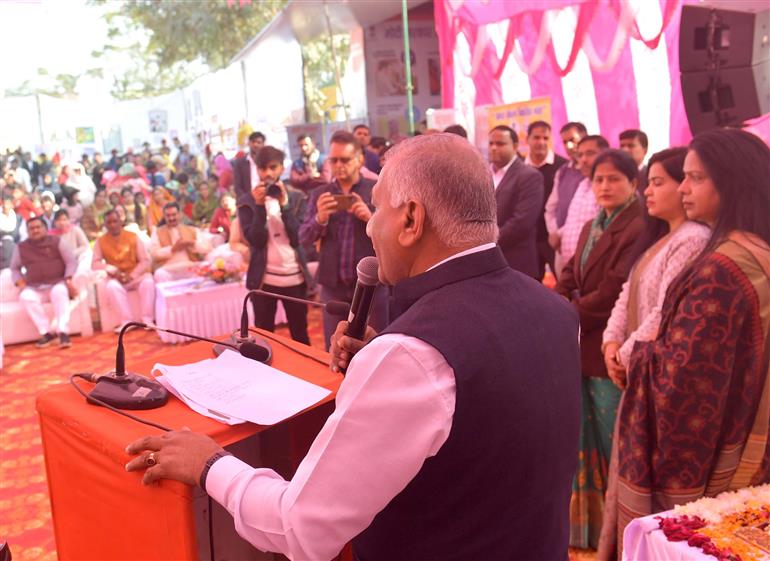 The Minister of State for Road Transport & Highways and Civil Aviation, General (Retd.) V.K. Singh addressing at the programme of Viksit Bharat Sankalp Yatra (VBSY) at Ghaziabad, in Uttar Pradesh on December 09, 2023.