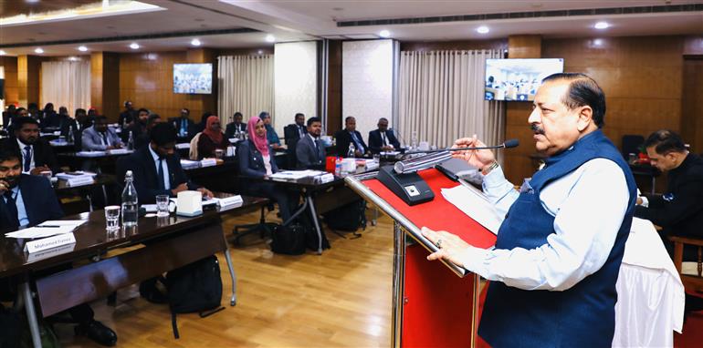 The Minister of State (Independent Charge) for Science & Technology, Prime Minister’s Office, Personnel, Public Grievances & Pensions, Atomic Energy and Space, Dr. Jitendra Singh interacting with participants of the 29th Capacity Building Program (CBP) for Civil Servants of Maldives & 1st CBP for Civil Servants of Cambodia, in New Delhi on December 12, 2023.