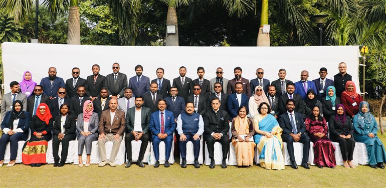 The Minister of State (Independent Charge) for Science & Technology, Prime Minister’s Office, Personnel, Public Grievances & Pensions, Atomic Energy and Space, Dr. Jitendra Singh in a group photograph with participants of the 29th Capacity Building Program (CBP) for Civil Servants of Maldives & 1st CBP for Civil Servants of Cambodia, in New Delhi on December 12, 2023.