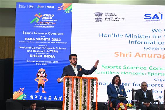 The Union Minister for Information & Broadcasting, Youth Affairs and Sports, Shri Anurag Singh Thakur addressing the Sports Science Conclave on Para Sports 2023 organized by National Center for Sports Science and Research (NCSSR), in New Delhi on December 13, 2023.