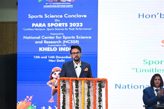 The Union Minister for Information & Broadcasting, Youth Affairs and Sports, Shri Anurag Singh Thakur addressing the Sports Science Conclave on Para Sports 2023 organized by National Center for Sports Science and Research (NCSSR), in New Delhi on December 13, 2023.