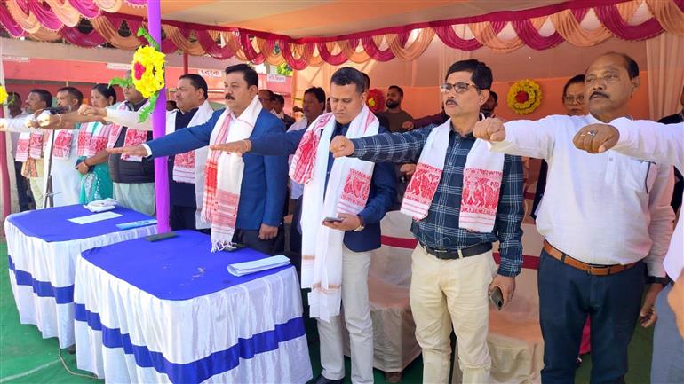 The Minister of Panchayat & Rural Development and Food & Civil Supply Government of Assam, Shri Ranjit Kumar Das attends the Viksit Bharat Sankalp Yatra programme at Borpothar Panchayat, in Dibrugarh district of Assam on December 13, 2023.