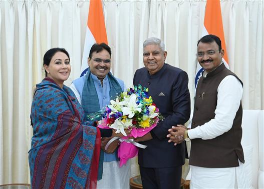 The Chief Minister of Rajasthan, Shri Bhajan Lal Sharma, Deputy Chief Ministers, Ms. Diya Kumari and Dr. Prem Chand Bairwa call on the Vice President, Shri Jagdeep Dhankhar at Upa-Rashtrapati Nivas, in New Delhi on December 18, 2023.