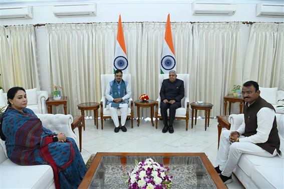 The Chief Minister of Rajasthan, Shri Bhajan Lal Sharma, Deputy Chief Ministers, Ms. Diya Kumari and Dr. Prem Chand Bairwa call on the Vice President, Shri Jagdeep Dhankhar at Upa-Rashtrapati Nivas, in New Delhi on December 18, 2023.