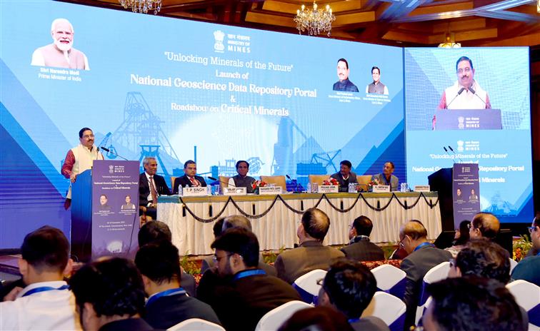 The Union Minister for Parliamentary Affairs, Coal and Mines, Shri Pralhad Joshi addressing at the launch of National Geoscience Data Repository Portal & roadshow on Critical Minerals, in New Delhi on December 19, 2023.

