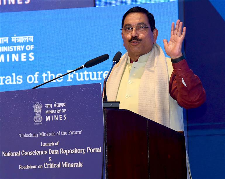 The Union Minister for Parliamentary Affairs, Coal and Mines, Shri Pralhad Joshi addressing at the launch of National Geoscience Data Repository Portal & roadshow on Critical Minerals, in New Delhi on December 19, 2023.

