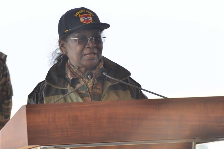 The President of India, Smt Droupadi Murmu addressing the troops during the Integrated Fire Power exercise conducted by Indian Army at Pokhran, in Rajasthan on December 23, 2023.