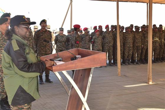 The President of India, Smt Droupadi Murmu addressing the troops during the Integrated Fire Power exercise conducted by Indian Army at Pokhran, in Rajasthan on December 23, 2023.
