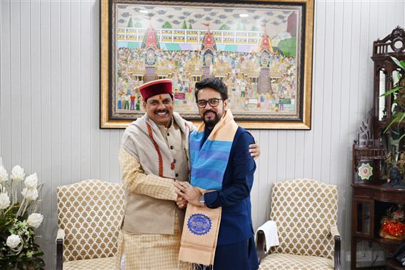 The Chief minister of Madhya Pradesh, Dr. Mohan Yadav called on the Union Minister for Information & Broadcasting, Youth Affairs and Sports, Shri Anurag Singh Thakur at his residence (22 Akabar Road), in New Delhi on December 24, 2023.