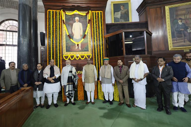 PM pays tribute to Shri Pandit Madan Mohan Malaviya’s birth anniversary at Old Parliament Building, in New Delhi on December 25, 2023.