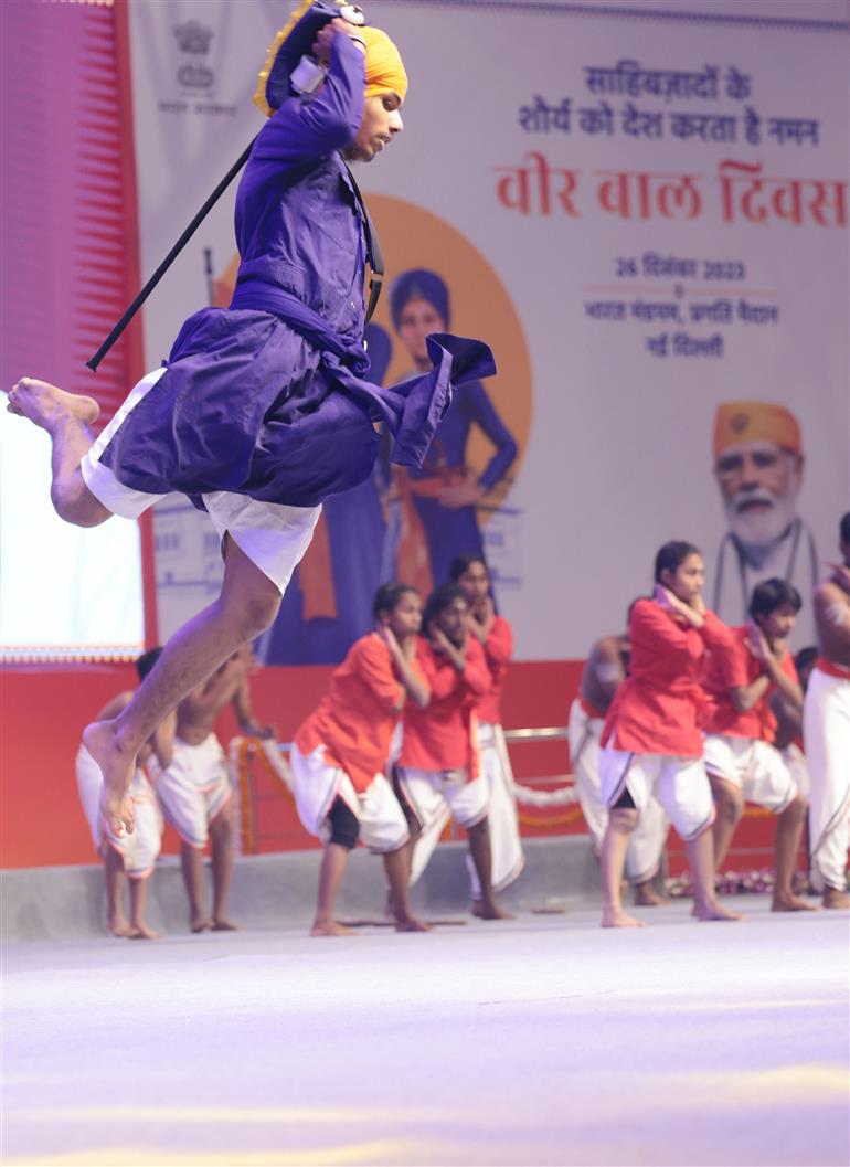 The Gatka (Sikh martial art) performed by children at the programme marking ‘Veer Baal Diwas’ at Bharat Mandapam, in New Delhi on December 26, 2023. PM graced on the occasion.