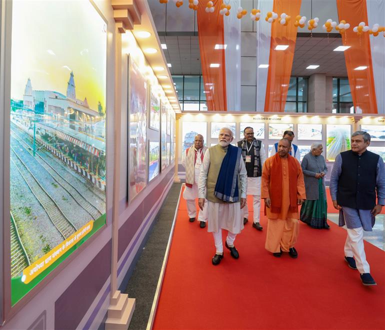 PM took a walkthrough of the model of redeveloped Ayodhya Dham Junction Railway Station at Ayodhya, in Uttar Pradesh on December 30, 2023.