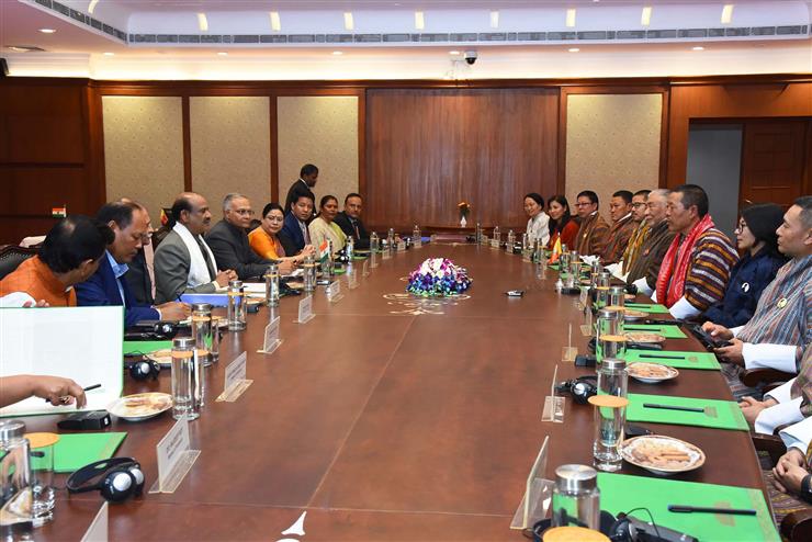 The Speaker, Lok Sabha, Shri Om Birla meeting with the parliamentary delegation from Bhutan led by the Speaker Wangchuk Namgyel, in New Delhi on February 6, 2023.