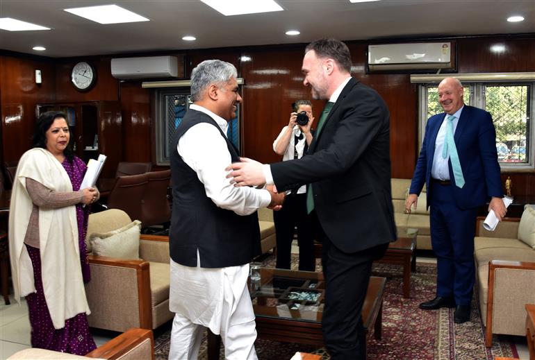 The Union Minister for Environment, Forest & Climate Change, Labour & Employment, Shri Bhupender Yadav meets with the Minister for Development Cooperation and Global Climate Policy of Denmark, Mr. Dan Jørgensen, in New Delhi on February 8, 2023.