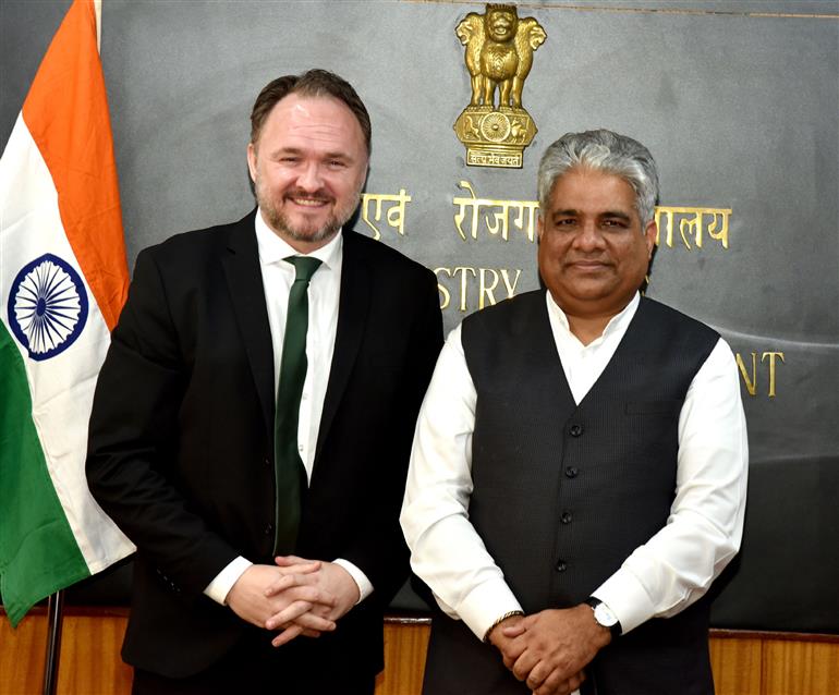The Union Minister for Environment, Forest & Climate Change, Labour & Employment, Shri Bhupender Yadav meets with the Minister for Development Cooperation and Global Climate Policy of Denmark, Mr. Dan Jørgensen, in New Delhi on February 8, 2023.