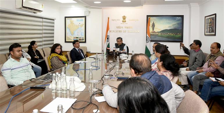 The Secretary, Ministry of Tourism, Mr. Arvind Singh briefing the media on first G-20 Tourism Working Group meeting, in New Delhi on February 11, 2023.