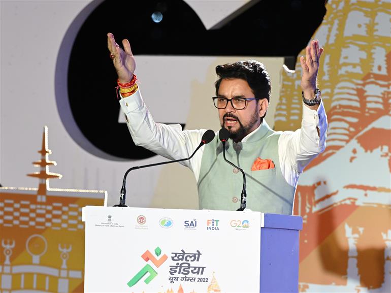 The Union Minister for Information & Broadcasting, Youth Affairs and Sports, Shri Anurag Singh Thakur addressing at the closing ceremony of Khelo India youth games 2022 organized at Boat club, Bhopal, in Madhay Pradesh on February 11, 2023.