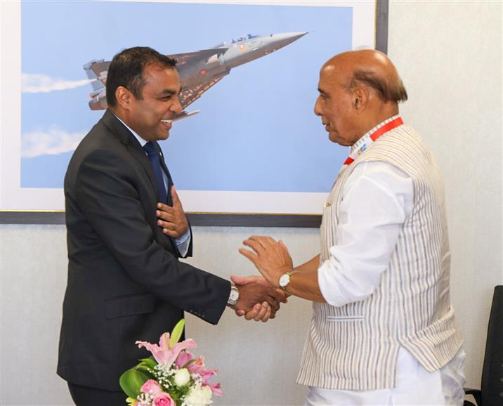 The Union Minister for Defence, Shri Rajnath meets with the Sri Lanka’s Minister of State for Defence, Mr Premitha Bandara Tennakoon on the sidelines of Aero India 2023, in Bengaluru on February 13, 2023.