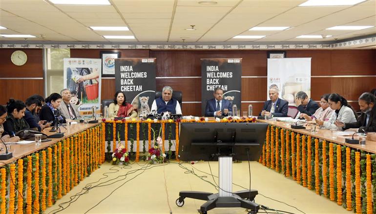 The Union Minister for Environment, Forest & Climate Change, Labour & Employment, Shri Bhupender Yadav addressing the media on the translocation of twelve Cheetahs from South Africa to India, in New Delhi on February 16, 2023.