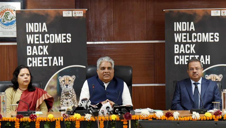 The Union Minister for Environment, Forest & Climate Change, Labour & Employment, Shri Bhupender Yadav addressing the media on the translocation of twelve Cheetahs from South Africa to India, in New Delhi on February 16, 2023.