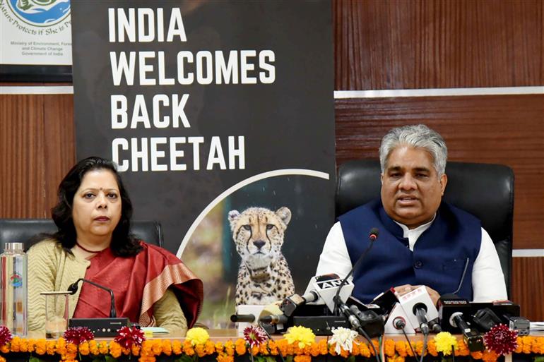 The Union Minister for Environment, Forest & Climate Change, Labour & Employment, Shri Bhupender Yadav addressing the media on the translocation of twelve Cheetahs from South Africa to India, in New Delhi on February 16, 2023.