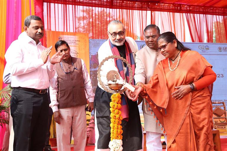 The Union Minister for Rural Development and Panchayati Raj, Shri Giriraj Singh lighting the lamp at the “SARAS AAJEEVIKA MELA, 2023”, in Noida, Uttar Pradesh on February 18, 2023.
	The Minister of State for Steel and Rural Development, Shri Faggansingh Kulaste and the Minister of State for Consumer Affairs, Food & Public Distribution and Rural Development, Sadhvi Niranjan Jyoti are also seen.
