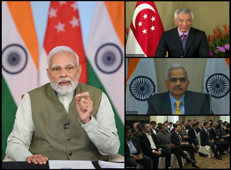 PM and the Prime Minister of Singapore, Mr. Leehsienloong witnessing the launch of UPI-PayNow linkage between the two countries via video conferencing on February 21, 2023.