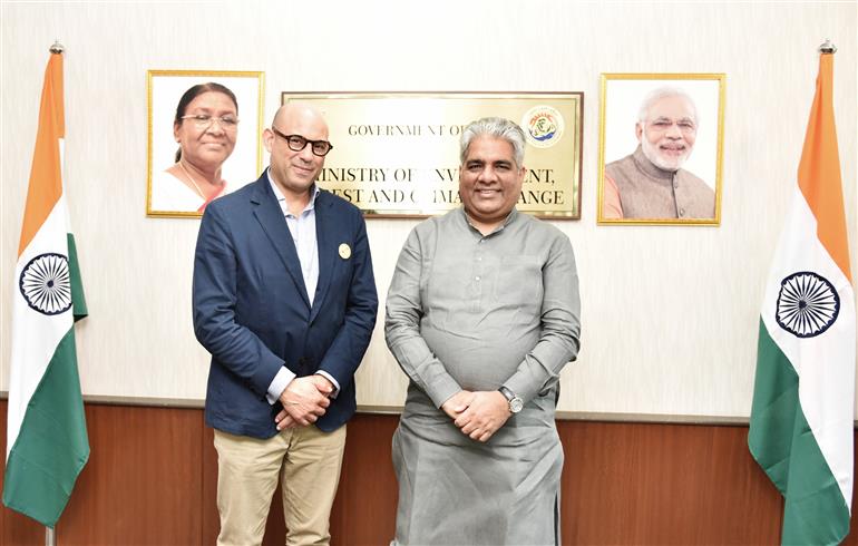 The Union Minister for Environment, Forest & Climate Change, Labour & Employment, Shri Bhupender Yadav meets with Mr. Simon Stiell, Executive Secretary, UNFCCC at Indira Paryavaran Bhawan, in New Delhi on February 25, 2023.
