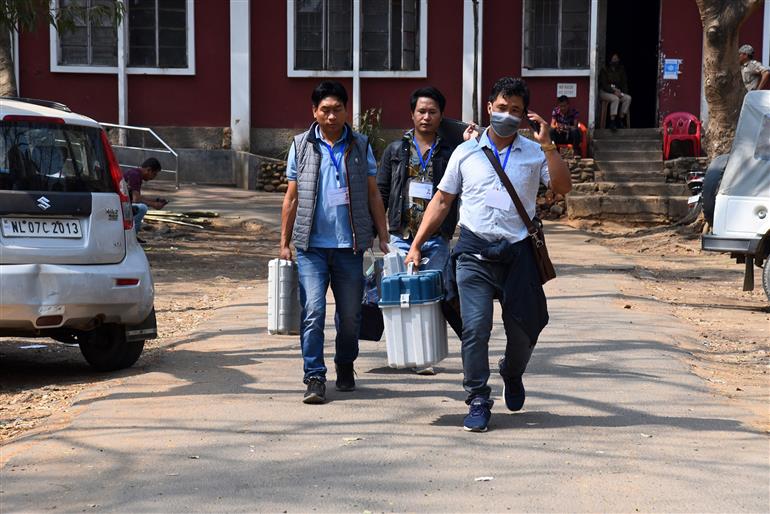 Polling officials carrying the Electronic Voting Machine (EVMs) and other necessary inputs required for the Nagaland Assembly Election 2023, in Dimapur, Nagaland on February 26, 2023.