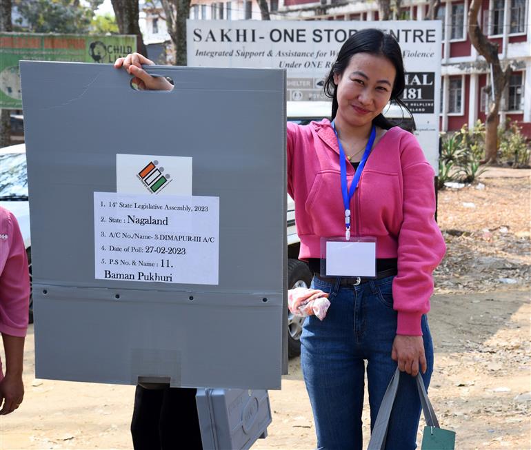 Polling officials carrying the Electronic Voting Machine (EVMs) and other necessary inputs required for the Nagaland Assembly Election 2023, in Dimapur, Nagaland on February 26, 2023.