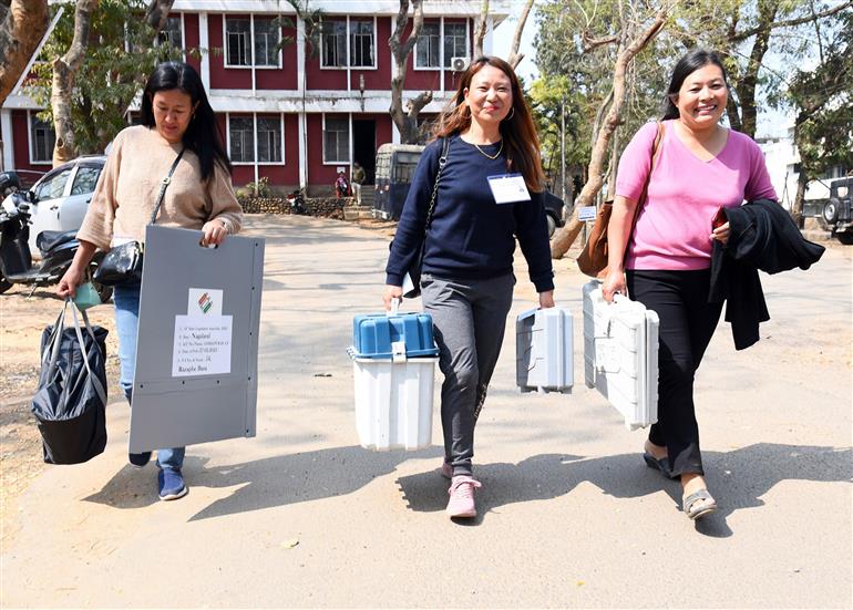 Polling officials carrying the Electronic Voting Machine (EVMs) and other necessary inputs required for the Nagaland Assembly Election 2023, in Dimapur, Nagaland on February 26, 2023.