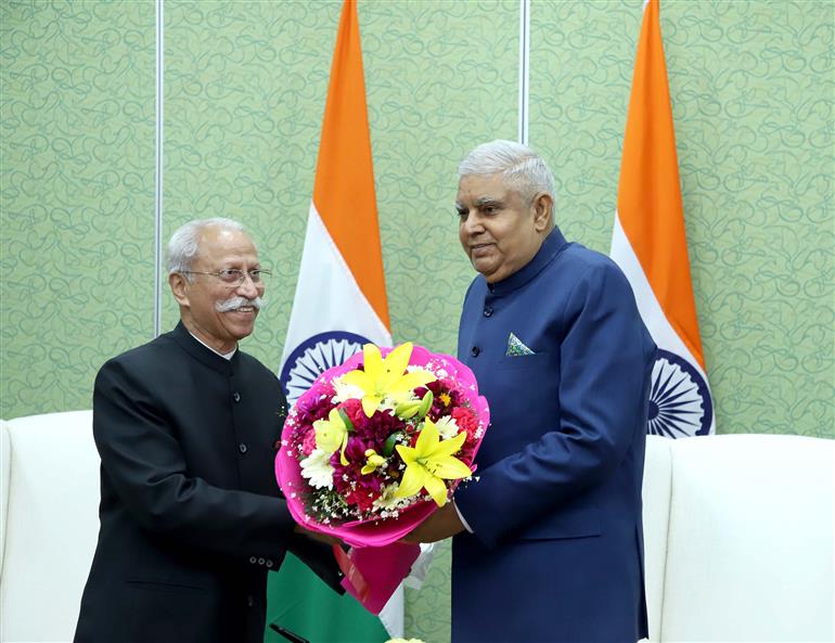 The Governor of Arunachal Pradesh, Lt Gen Kaiwalya Trivikram Parnaik (Retd) calls on the Vice President, Shri Jagdeep Dhankhar at Upa-Rashtrapati Nivas, in New Delhi on February 25, 2023.