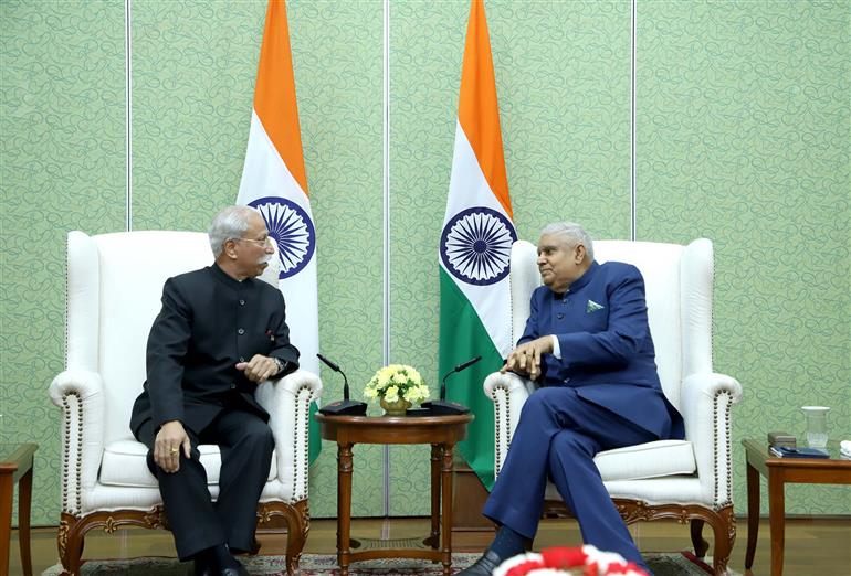 The Governor of Arunachal Pradesh, Lt Gen Kaiwalya Trivikram Parnaik (Retd) calls on the Vice President, Shri Jagdeep Dhankhar at Upa-Rashtrapati Nivas, in New Delhi on February 25, 2023.