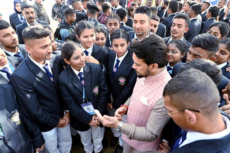 The Union Minister for Information & Broadcasting, Youth Affairs and Sports, Shri Anurag Singh Thakur Interacts with NSS Volunteers at the Republic Day Camp in, New Delhi on January 28, 2023.