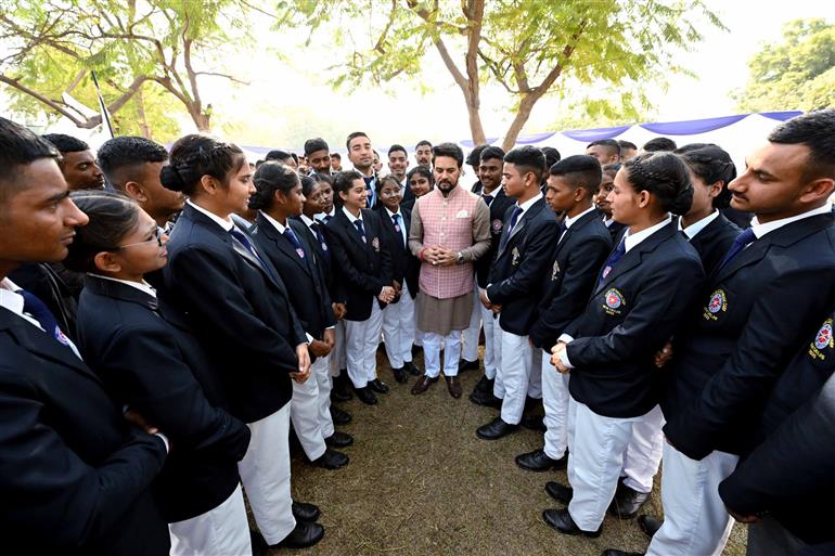 The Union Minister for Information & Broadcasting, Youth Affairs and Sports, Shri Anurag Singh Thakur Interacts with NSS Volunteers at the Republic Day Camp in, New Delhi on January 28, 2023.