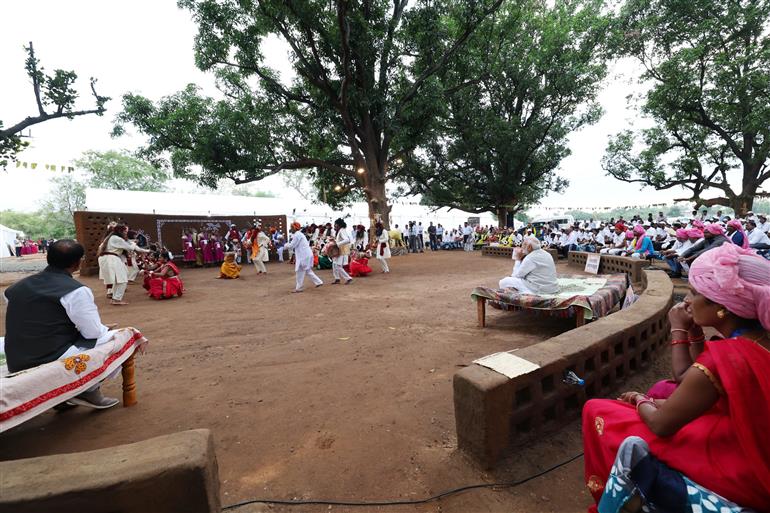 PM interacts with the tribal leaders, SHGs, PESA communities at Pakaria village in Shahdol, Madhya Pradesh on July 01, 2023.