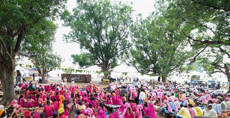 PM interacts with the tribal leaders, SHGs, PESA communities at Pakaria village in Shahdol, Madhya Pradesh on July 01, 2023.