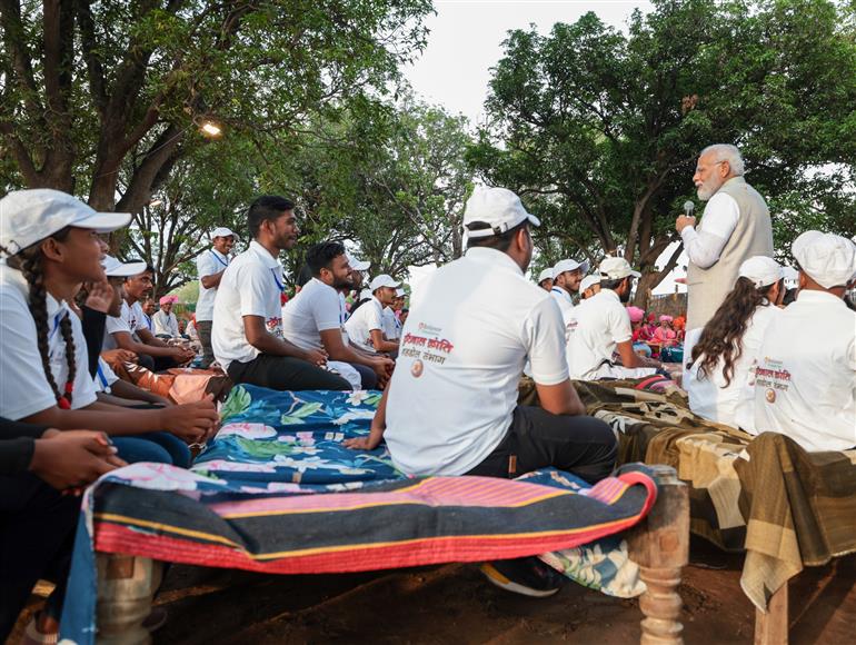 PM interacts with the tribal leaders, SHGs, PESA communities at Pakaria village in Shahdol, Madhya Pradesh on July 01, 2023.