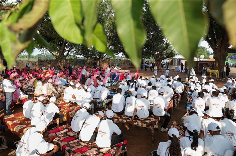 PM interacts with the tribal leaders, SHGs, PESA communities at Pakaria village in Shahdol, Madhya Pradesh on July 01, 2023.