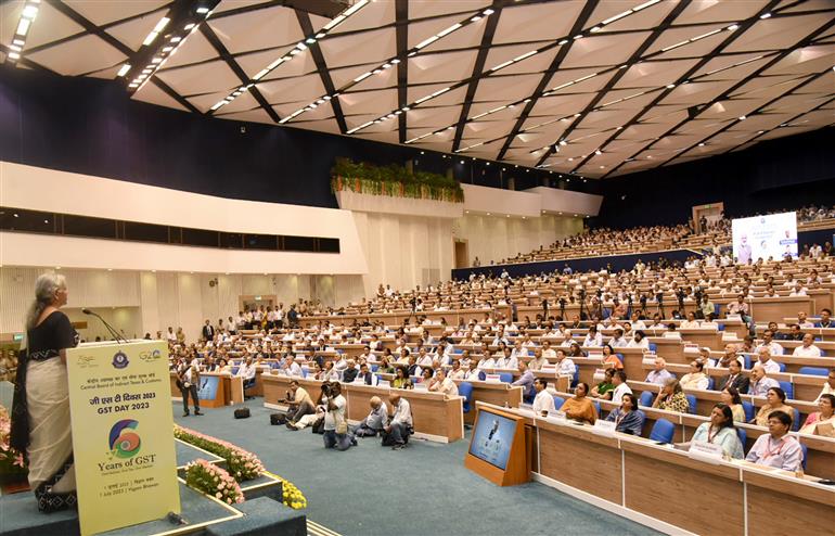 The Union Minister for Finance and Corporate Affairs, Smt. Nirmala Sitharaman addressing the gathering at the inauguration of ‘PRATIDIN’ a web based daily performance management system in CBIC at the GST Day 2023 event  at Vigyan Bhawan, in New Delhi on July 01, 2023. 