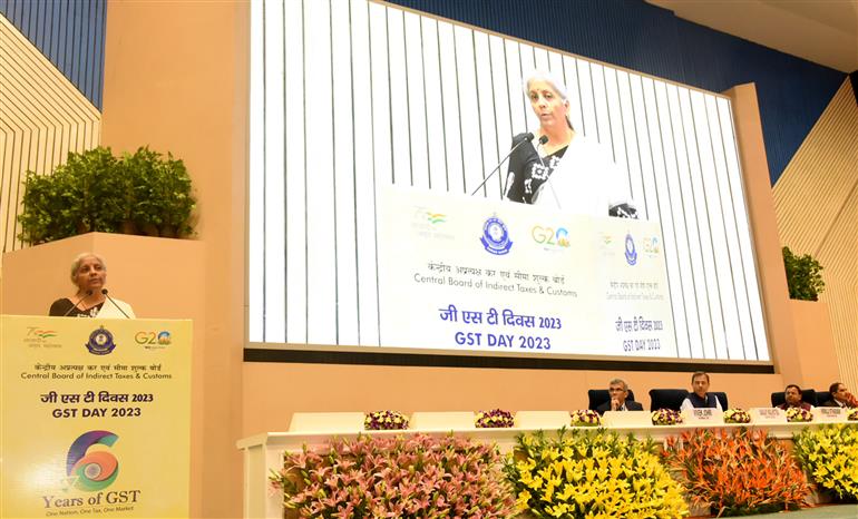The Union Minister for Finance and Corporate Affairs, Smt. Nirmala Sitharaman addressing the gathering at the inauguration of ‘PRATIDIN’ a web based daily performance management system in CBIC at the GST Day 2023 event  at Vigyan Bhawan, in New Delhi on July 01, 2023. 